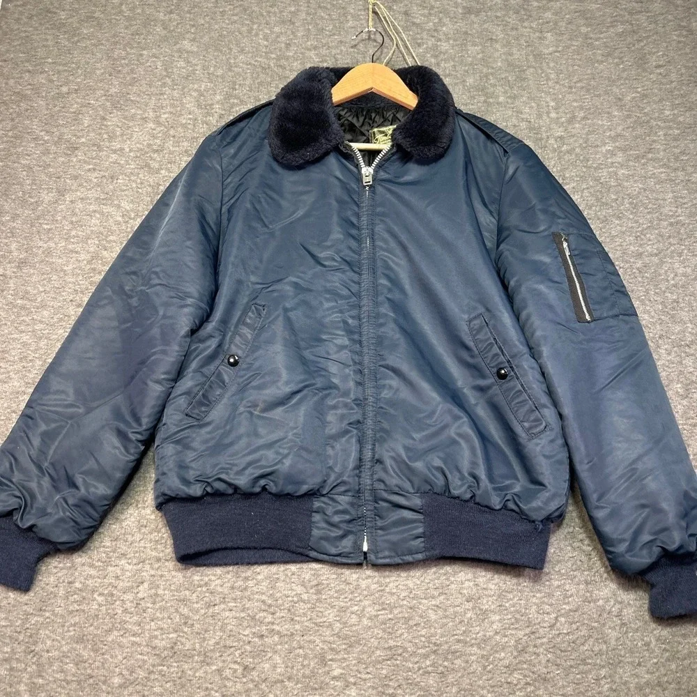 Vintage Timber King Mens Medium Jacket Navy Blue Bomber Fuzzy Collar Insulated